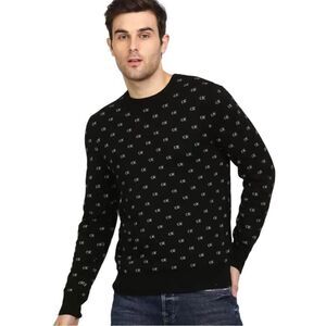 Calvin‎ Klein Black Wool Blend CK Logo Pattern Crewneck Pullover Sweater